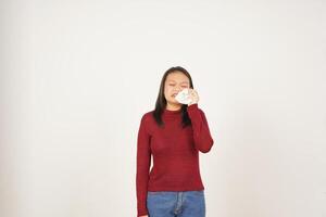 Young Asian woman in Red t-shirt sad crying isolated on white background photo