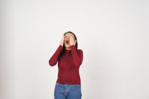 Young Asian woman in Red t-shirt suffering from allergy and sneezing  isolated on white background photo