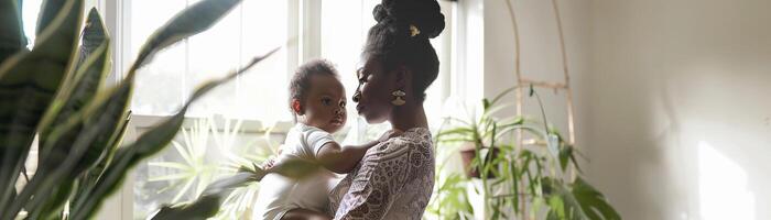 AI generated Portrait of a black mother holding her baby inside a bright white-walled house, background image, generative AI photo