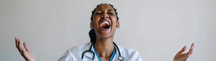 AI generated Doctor laughing while raising their hands in a celebratory gesture, as if celebrating a successful outcome or happy moment, generative AI, background image photo