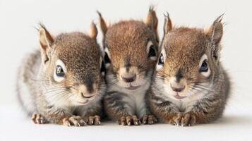 AI generated Sweet Squirrels, a trio of sweet squirrel kits cuddled up together on a white background, with fluffy tails and bright eyes, background image, generative AI photo