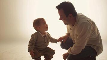 AI generated Father kneeling down to his toddler son's level, offering guidance or assistance with a warm smile, against a clean white background, generative AI photo