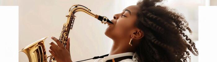 AI generated The girl's joy and passion for music, she has her eyes closed, and a wide smile as she blows into the saxophone, background image, generative AI photo