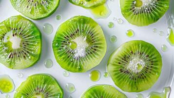 ai generado rebanadas de vibrante verde kiwi arreglado en un circular modelo en un blanco lámina, generativo ai, antecedentes imagen foto