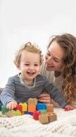 AI generated Playful scene of the mother and her toddler son engaging in a game or activity together against a white backdrop, such as building blocks or playing with toys, generative AI photo