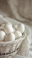 AI generated A Basket Brimming with Fresh White Eggs, Capturing the Essence of Farm-Fresh Simplicity and Culinary Potential. photo