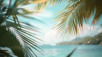 AI generated Capture the Beauty of a Blurred Frame Framed by Palm Leaves, Crafting an Abstract and Defocused Background Ideal for a Summer Vacation Ambiance. photo