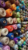 Multicolored yarn spools used in textile industry. Pile of big colorful spools of thread. Colored thread spools of thread large class, textiles, background. Ai. Generative ai. photo