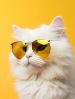 ai generado retrato de un blanco mullido gato vistiendo redondo Gafas de sol. lujoso Doméstico gatito en lentes poses en amarillo antecedentes pared. generativo ai. ai. foto