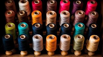 Multicolored yarn spools used in textile industry. Pile of big colorful spools of thread. Colored thread spools of thread large class, textiles, background. Ai. Generative ai. photo