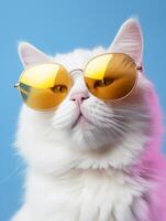 Portrait of a white fluffy cat wearing round sunglasses. Luxurious domestic kitty in glasses poses on a blue background wall. Generative ai. Ai. photo