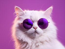 Portrait of a white fluffy cat wearing round sunglasses. Luxurious domestic kitty in glasses poses on pink background wall. Ai. Generative ai. photo