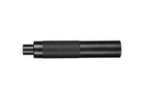 Black silencer for weapons. Suppressor that is at the end of an assault rifle. Isolate on a white back. photo