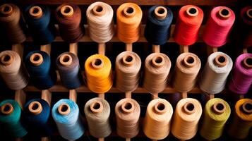 AI generated Multicolored yarn spools used in textile industry. Set of colored threads for sewing on coils. Pile of big colorful spools of thread.  generative ai photo