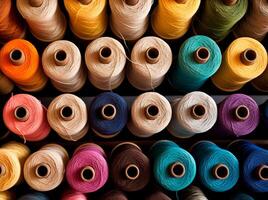 Multicolored yarn spools used in textile industry. Pile of big colorful spools of thread. Colored thread spools of thread large class, textiles, background. Ai. Generative ai. photo