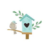 spring bird and blue birdhouse for greeting card. Vector illustration isolated. Can used for wallpaper, poster, print design for cloth.