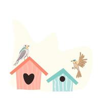 spring bird and birdhousewith heart for greeting card, cover design. Vector illustration isolated. Can used for wallpaper, poster, print design for cloth.