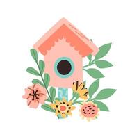 Hand drawn pink bird house in flower and branch background. Vector illustration can used for spring or summer card, for decor. Cute birdhouse and bouquet.