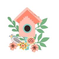 Spring pink birdhouse with cute bird and flowers design. Vector illustration can used for postcard, greeting card, label, poster. Birdhouse with floral elements isolated.