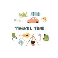 Travel time background for camping. Vector illustration for journey, nature vacation concept.