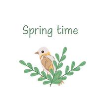 spring time lettering and cute bird and branch with leaves. Vector illustration isolated. Can used for wallpaper, poster, print design for cloth.