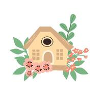 Hand drawn bird house with flower and branch - floral elements. Vector illustration can used for spring or autumn card, summer decor. Cute birdhouse and bouquet.