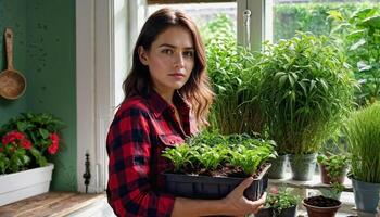 ai generado un mujer en un rojo tartán camisa plantando un verde campo en su hogar jardín, Copiar espacio foto