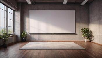 AI generated large smart room concept, a blank large projection screen on the wall background photo