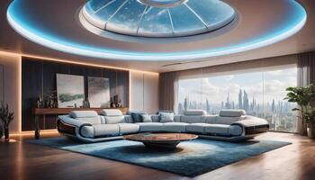 ai generado grande vivo habitación en futurista estilo, futurista mueble foto