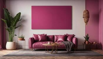 AI generated Living room interior  Wall mockup in dark pink tones with leather sofa,   Empty pink canvas with frame. photo