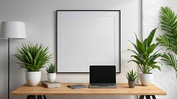 AI generated Interior poster mockup with vertical wooden frame and plants in vase on white wall background. - Generative AI illustration photo