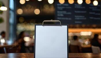 AI generated Close-up of a menu frame mockup with food and drinks in the background., with a blurred or bokeh background. photo