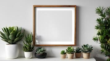 AI generated Close-up of interior poster mockup with square wooden frame and succulents on white wall background. Generative AI illustration photo