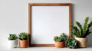 AI generated Close-up of interior poster mockup with square wooden frame and succulents on white wall background. Generative AI illustration photo