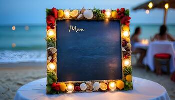 AI generated Close-up of a beach food menu frame mockup during a party., with a blurred or bokeh background. photo