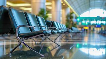 ai generado filas de vacío asientos en salida salón de un aeropuerto, esperando zona foto