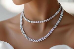 AI Generated Diamond Station Necklace on Young Woman. Bridal jewelry photo