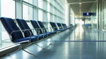 AI Generated Rows of empty seats in departure hall of airport, waiting area, natural light photo