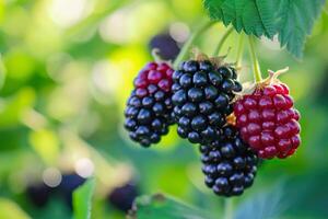 AI Generated Ripe blackberries hanging, ready for harvest, organic farming, closeup photo