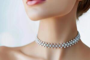 AI Generated Delicate Diamond choker on Young Woman, closeup photo