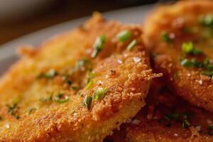 AI Generated Fried green tomatoes garnished with green onions, close up photo