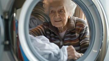 AI Generated Elderly woman taking laundry out of washing machine at home photo