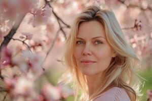 AI Generated Middle aged blonde woman enjoying spring blossoms. Spring portrait photo