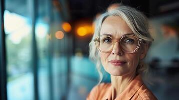 AI Generated Middle aged woman in optical store. Customer trying on glasses photo