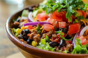 AI Generated Mexican taco salad with ground beef and Fresh vegetables photo