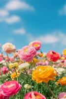 AI Generated Colorful ranunculus flowers blooming under clear blue sky photo