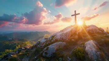 ai generado religioso antecedentes con cruzar y puesta de sol cielo en montaña cima de la colina foto