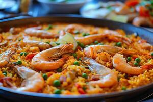 ai generado auténtico Español paella con Mariscos y vegetales en tradicional pan foto