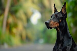 ai generado caballero pinscher se sienta atentamente en un ruta en parque foto