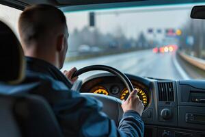 AI Generated Man driving truck on open road. Caucasian truck driver steering wheel photo